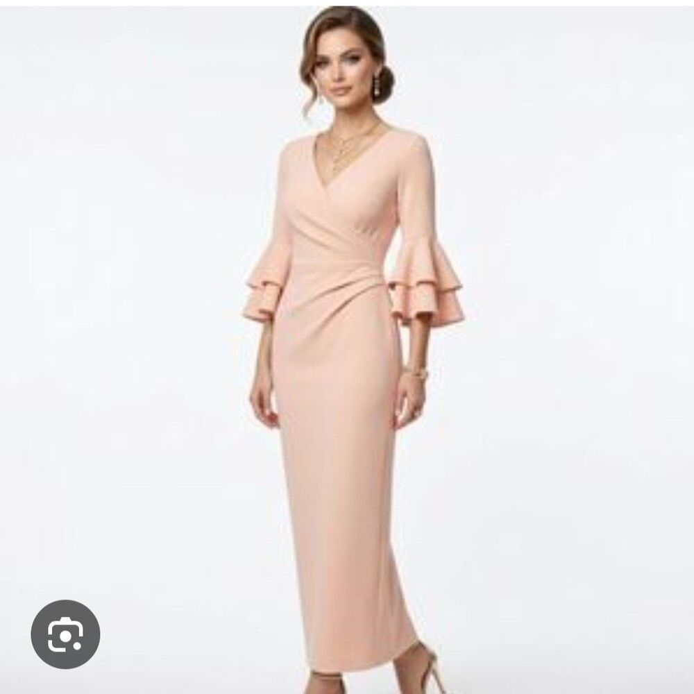 Lauren Ralph Lauren Gown Sz 16 Bell-Sleeve Stretch Jersey Faux Wrap Pink Long